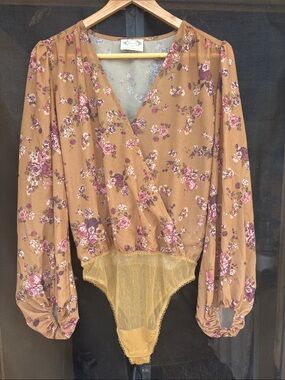 Joyfolie Mustard Floral Wrap-Front Long Sleeve Bodysuit
